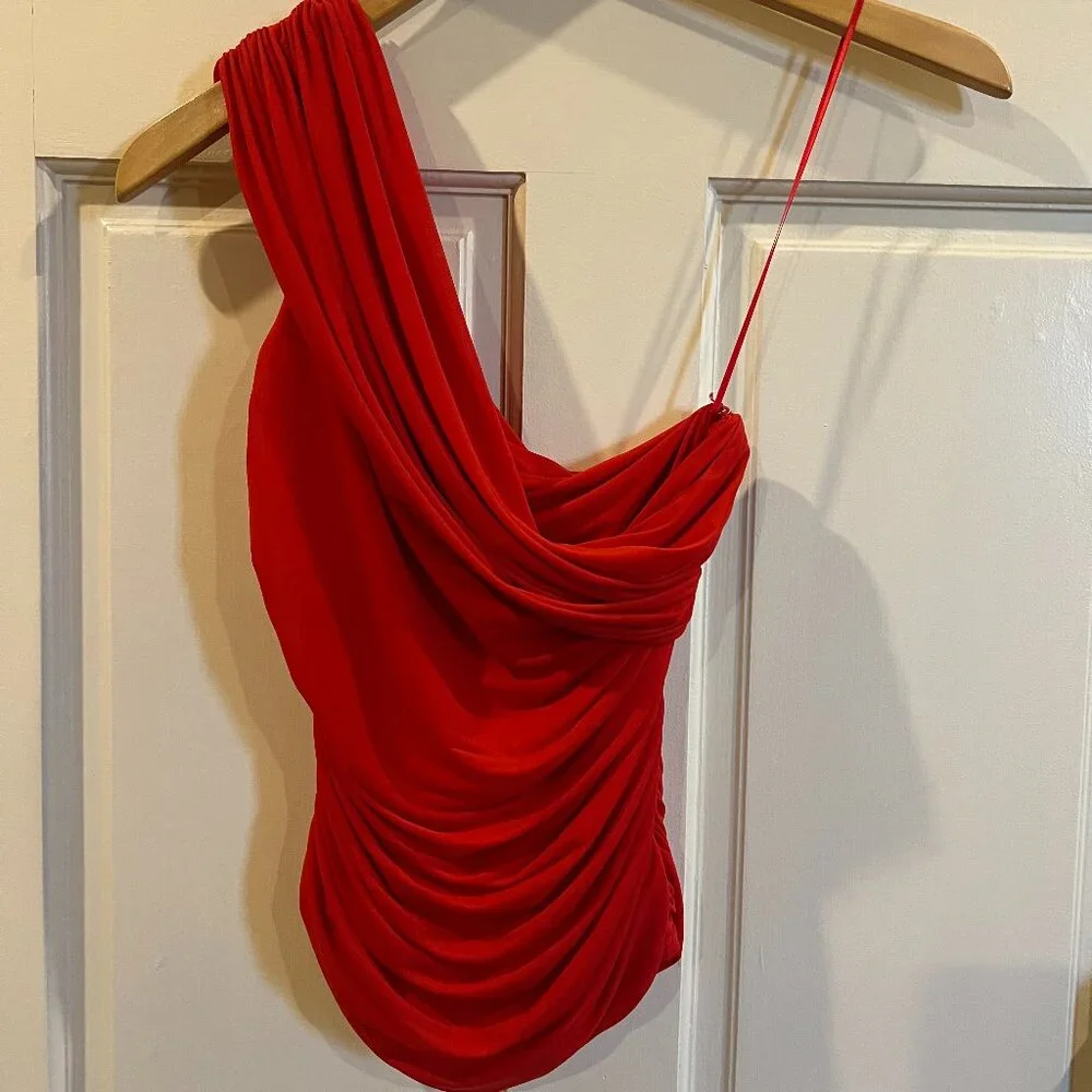 Ronny Kobo Ranada One Shoulder Asymmetrical Red Ruched Top Small NWT - Picture 2 of 8